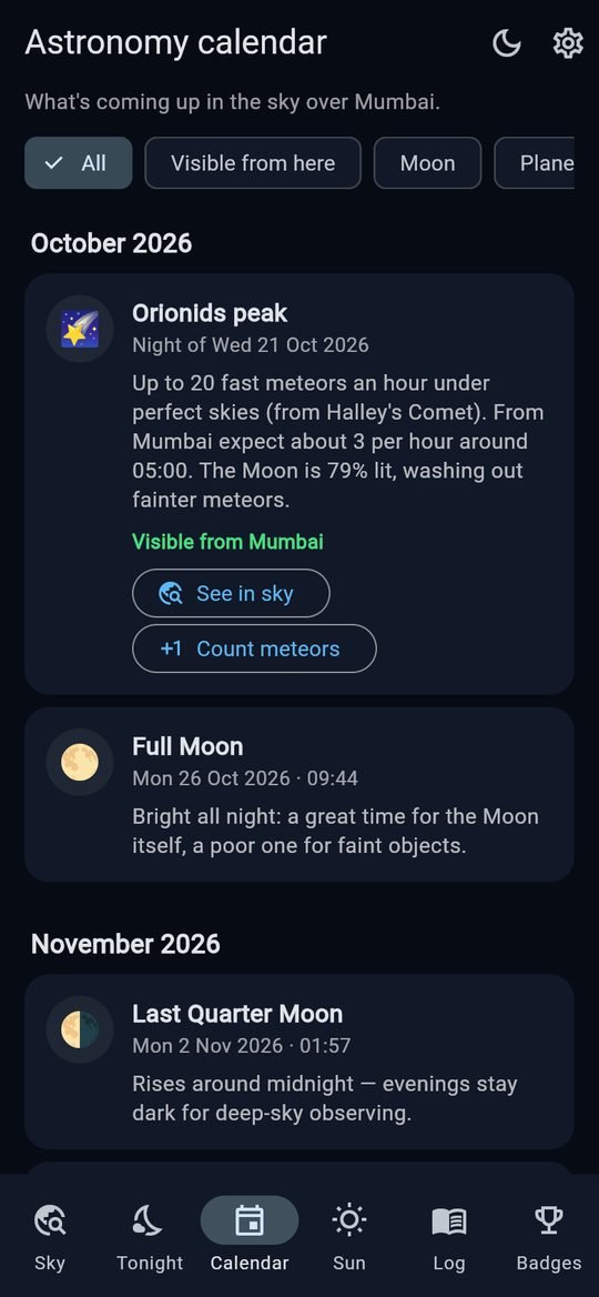Astronomy calendar with the Orionids meteor shower and the Full Moon