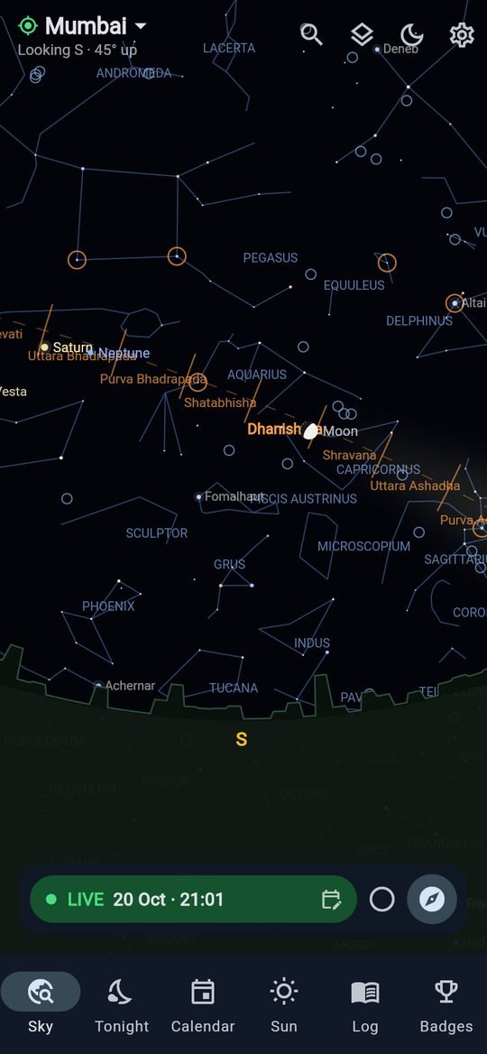 GaganMitra sky map over Mumbai at night, showing Saturn, the Moon in Dhanishtha and the constellations