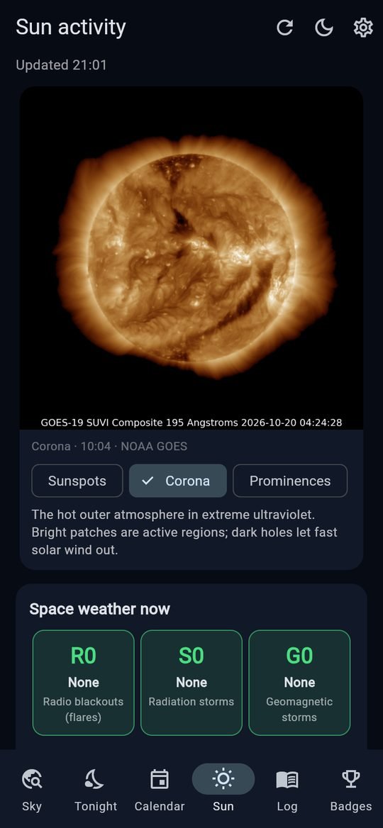 Sun activity screen with today's picture of the Sun's corona and space weather levels